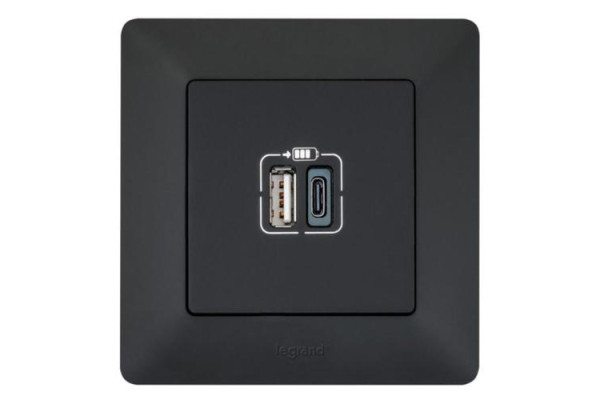 Розетка USB, 2 виходи USB тип А+тип С 240В/5В 3000мА. З лицьовою панеллю ,Valena LIFE,7563066