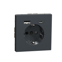 Розетка силова 2К+З, 16А, з USB 3A, тип А+C, гвинт.затиск, шторки, Антрацит, пластик, D-Life Merten MTN2367-6034