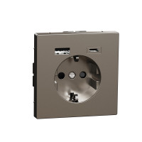 Розетка силова 2К+З, 16А, з USB 3A, тип А+C, гвинт.затиск, шторки, Нержавіюча сталь, пластик, D-Life Merten MTN2367-6036