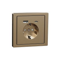 Розетка силова 2К+З, 16А, з USB 3A, тип А+C, гвинт.затиск, шторки, Шампань, метал, D-Life Merten MTN2367-6051