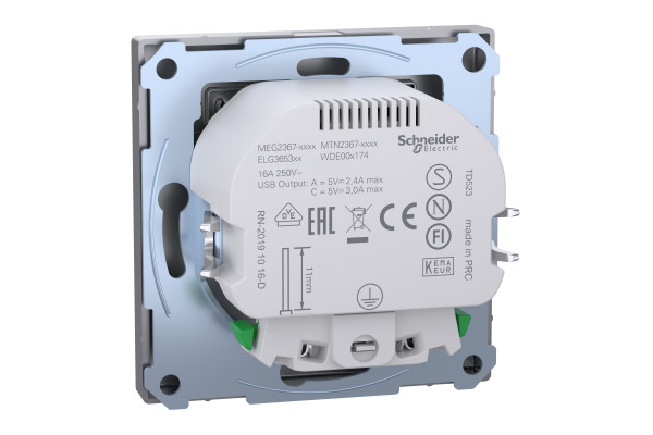 Розетка силова 2К+З, 16А, з USB 3A, тип А+C, гвинт.затиск, шторки, Нержавіюча сталь, пластик, D-Life Merten MTN2367-6036