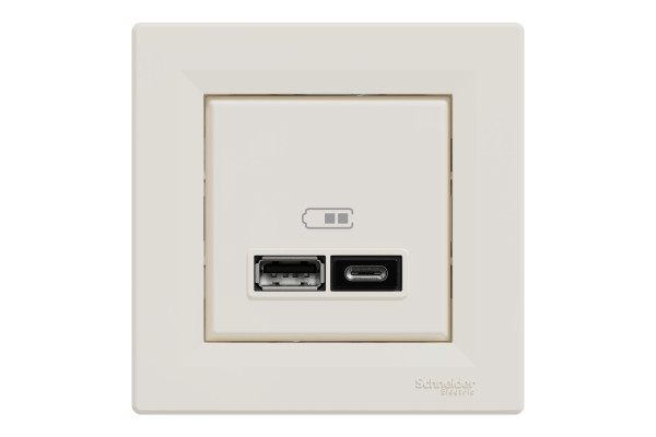 Розетка USB, 2 виходи, тип А+С 2,4А, Кремовий, Asfora EPH2700323