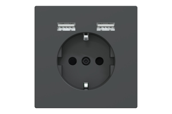 Розетка силова 2К+З, 16А, з USB 2.4A, тип А+А, гвинт.затиск, шторки, Антрацит, пластик, D-Life Merten MTN2366-6034