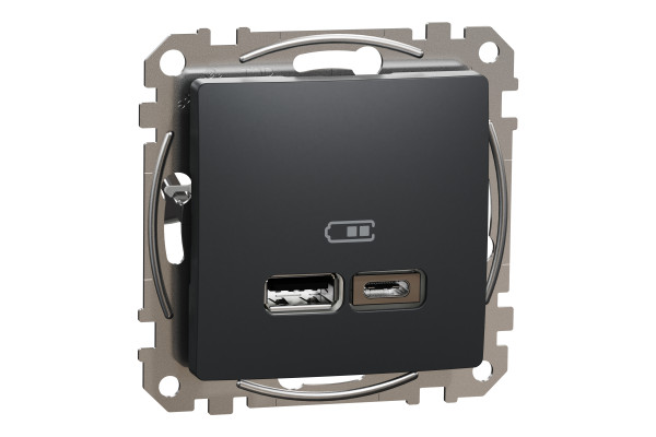 Розетка USB подвійна А+C, 2.4А, 230В, Чорний, Sedna Design SDD114402