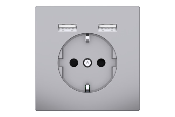 Розетка силова 2К+З, 16А, з USB 2.4A, тип А+А, гвинт.затиск, шторки, Нержавіюча сталь, пластик, D-Life Merten MTN2366-6036