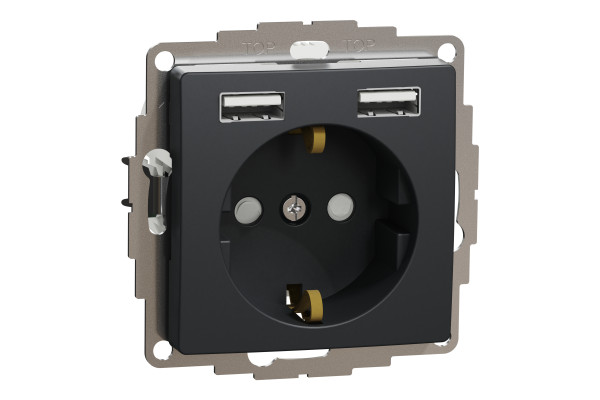 Розетка силова з заземленням + USB A+A, 2.4A, зі шторками, Чорний, Sedna Design SDD114052