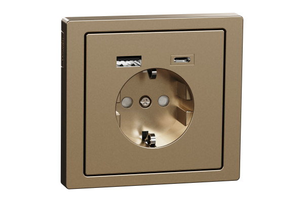 Розетка силова 2К+З, 16А, з USB 3A, тип А+C, гвинт.затиск, шторки, Шампань, метал, D-Life Merten MTN2367-6051