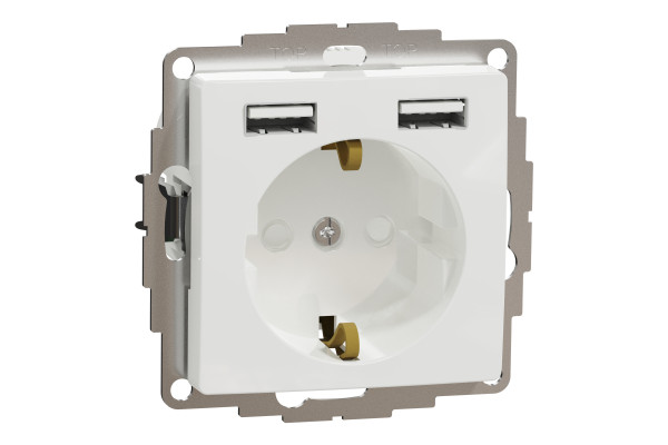 Розетка силова з заземленням + USB A+A, 2.4A, зі шторками, Білий, Sedna Design SDD111052