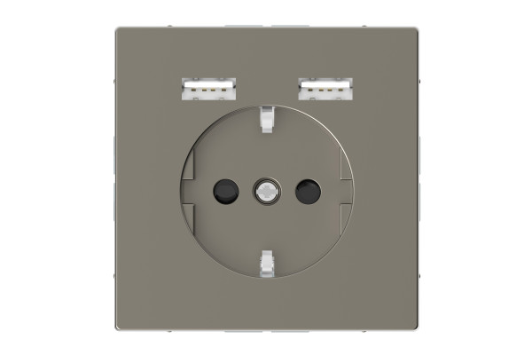 Розетка силова 2К+З, 16А, з USB 2.4A, тип А+А, гвинт.затиск, шторки, Нікель, метал, D-Life Merten MTN2366-6050