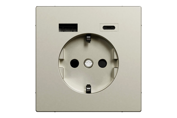 Розетка силова 2К+З, 16А, з USB 3A, тип А+C, гвинт.затиск, шторки, Нікель, метал, D-Life Merten MTN2367-6050