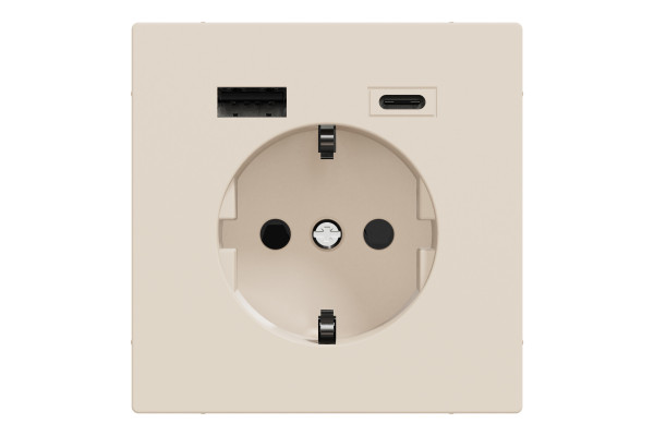 Розетка силова 2К+З, 16А, з USB 3A, тип А+C, гвинт.затиск, шторки, Сахара, пластик, D-Life Merten MTN2367-6033