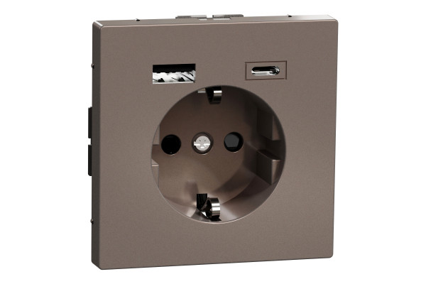 Розетка силова 2К+З, 16А, з USB 3A, тип А+C, гвинт.затиск, шторки, Моко, метал, D-Life Merten MTN2367-6052