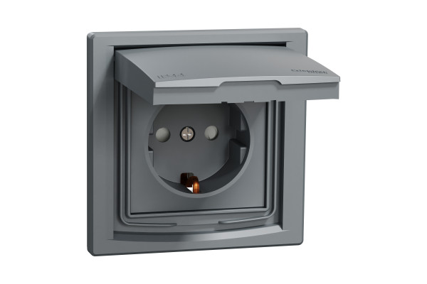 Розетка з заземленням, з кришкою та шторками, IP44, Сталь, Asfora, EPH3100362