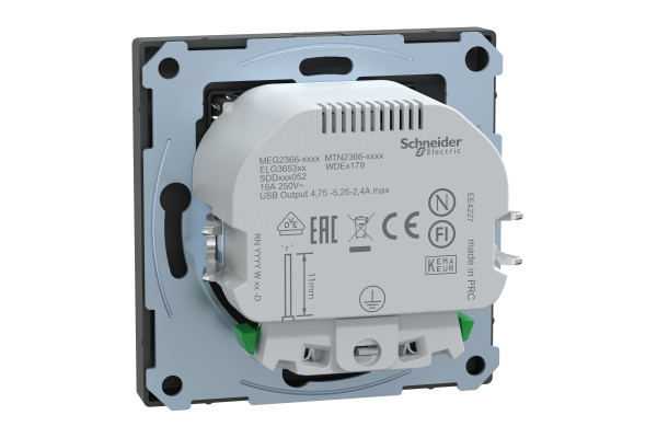 Розетка силова 2К+З, 16А, з USB 2.4A, тип А+А, гвинт.затиск, шторки, Антрацит, пластик, D-Life Merten MTN2366-6034