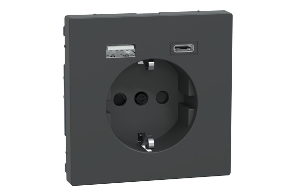 Розетка силова 2К+З, 16А, з USB 3A, тип А+C, гвинт.затиск, шторки, Антрацит, пластик, D-Life Merten MTN2367-6034