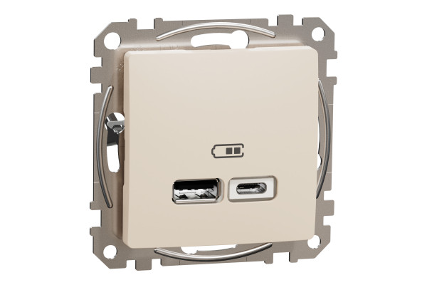 Розетка USB подвійна А+C, 2.4А, 230В, Бежевий, Sedna Design SDD112402