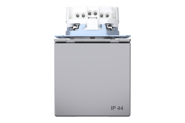 Розетка силова IP44 з кришкою 2К+З, 16А, 250В, безгвинт.затиск, зі шторками, Нержавіючая сталь, пластик, D-Life Merten MTN2314-6036
