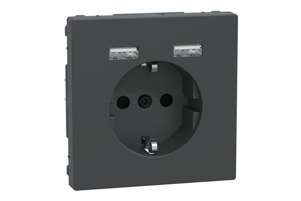 Розетка силова 2К+З, 16А, з USB 2.4A, тип А+А, гвинт.затиск, шторки, Антрацит, пластик, D-Life Merten MTN2366-6034