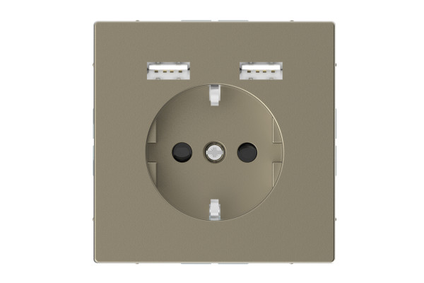 Розетка силова 2К+З, 16А, з USB 2.4A, тип А+А, гвинт.затиск, шторки, Сахара, пластик, D-Life Merten MTN2366-6033