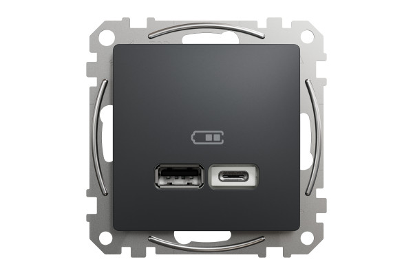 Розетка USB подвійна А+C, 2.4А, 230В, Чорний, Sedna Design SDD114402