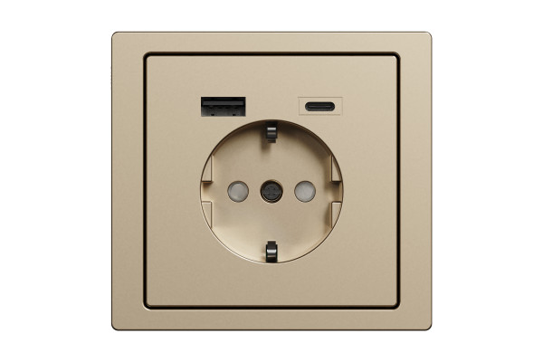 Розетка силова 2К+З, 16А, з USB 3A, тип А+C, гвинт.затиск, шторки, Шампань, метал, D-Life Merten MTN2367-6051