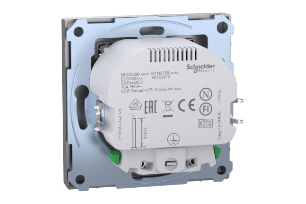 Розетка силова 2К+З, 16А, з USB 2.4A, тип А+А, гвинт.затиск, шторки, Нержавіюча сталь, пластик, D-Life Merten MTN2366-6036