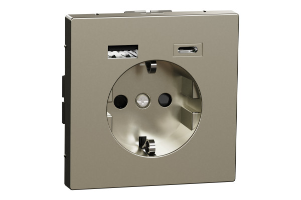 Розетка силова 2К+З, 16А, з USB 3A, тип А+C, гвинт.затиск, шторки, Нікель, метал, D-Life Merten MTN2367-6050