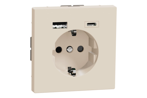 Розетка силова 2К+З, 16А, з USB 3A, тип А+C, гвинт.затиск, шторки, Сахара, пластик, D-Life Merten MTN2367-6033