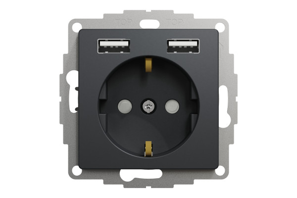 Розетка силова з заземленням + USB A+A, 2.4A, зі шторками, Чорний, Sedna Design SDD114052