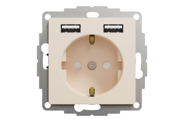 Розетка силова з заземленням + USB A+A, 2.4A, зі шторками, Бежевий, Sedna Design SDD112052