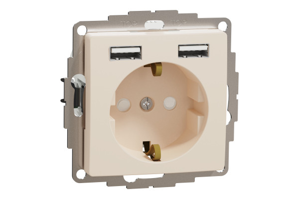 Розетка силова з заземленням + USB A+A, 2.4A, зі шторками, Бежевий, Sedna Design SDD112052