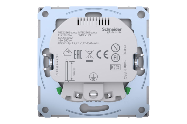 Розетка силова 2К+З, 16А, з USB 2.4A, тип А+А, гвинт.затиск, шторки, Нержавіюча сталь, пластик, D-Life Merten MTN2366-6036