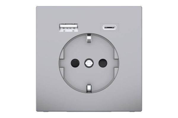 Розетка силова 2К+З, 16А, з USB 3A, тип А+C, гвинт.затиск, шторки, Нержавіюча сталь, пластик, D-Life Merten MTN2367-6036
