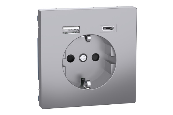 Розетка силова 2К+З, 16А, з USB 3A, тип А+C, гвинт.затиск, шторки, Нержавіюча сталь, пластик, D-Life Merten MTN2367-6036