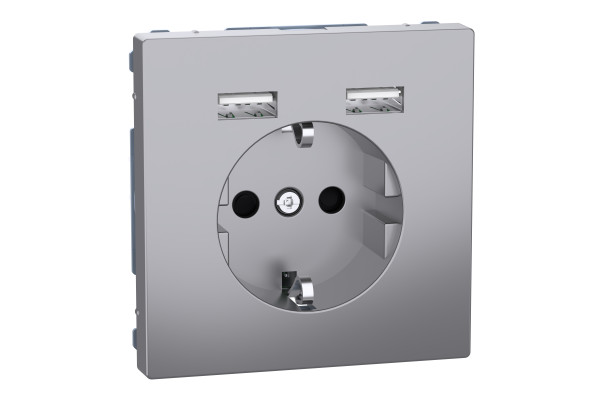 Розетка силова 2К+З, 16А, з USB 2.4A, тип А+А, гвинт.затиск, шторки, Нержавіюча сталь, пластик, D-Life Merten MTN2366-6036