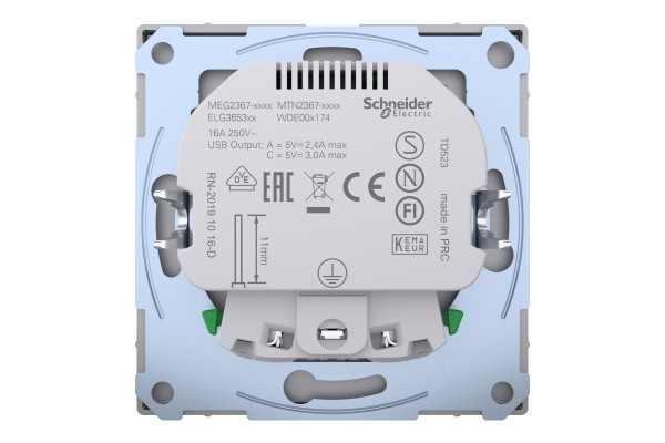 Розетка силова 2К+З, 16А, з USB 3A, тип А+C, гвинт.затиск, шторки, Нержавіюча сталь, пластик, D-Life Merten MTN2367-6036