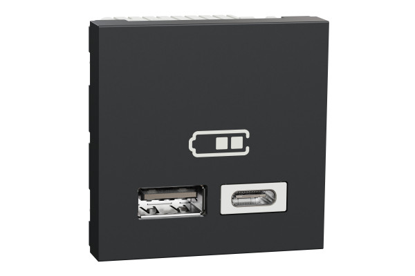 Розетка USB 2.0 зарядна подвійна, 2.4А,  A+C, 2 модуля, антрацит, Unica NEW NU301854