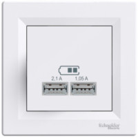 Розетка USB, 2 виходи 2.0, 5V-DC, макс 2.1A, Біла, Asfora EPH2700221