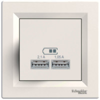 Розетка USB, 2 виходи 2.0, 5V-DC, макс 2.1A, Кремова, Asfora EPH2700223