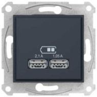 Розетка USB, 2 виходи 2.0, 5V-DC, макс 2.1A, Антрацит, Asfora EPH2700271