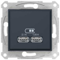 Розетка USB, 2 виходи 2.0, 5V-DC, макс 2.1A, Антрацит, Asfora EPH2700271