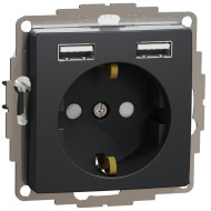 Розетка силова з заземленням + USB A+A, 2.4A, зі шторками, Чорний, Sedna Design SDD114052