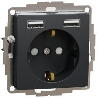 Розетка силова з заземленням + USB A+A, 2.4A, зі шторками, Чорний, Sedna Design SDD114052
