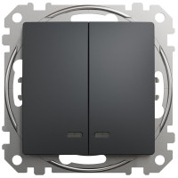Двохклавішний вимикач з синьою підсвіткою 10А-250В, Чорний, Sedna Design SDD114105L