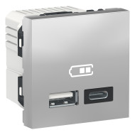Розетка USB 2.0 зарядна подвійна, 2.4А,  A+C, 2 модуля, алюміній, Unica NEW NU301830
