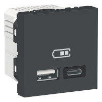 Розетка USB 2.0 зарядна подвійна, 2.4А,  A+C, 2 модуля, антрацит, Unica NEW NU301854