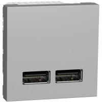Розетка USB 2.0 зарядна подвійна 2.1А, 2 модуля, алюміній, Unica NEW NU341830